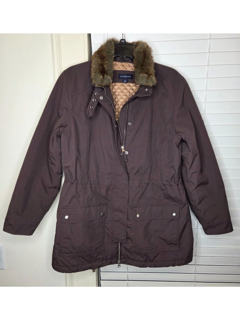 Lands End Womens Brown Parka Coat M 10-12 Faux Fur Collar Quilted Lining Nylon